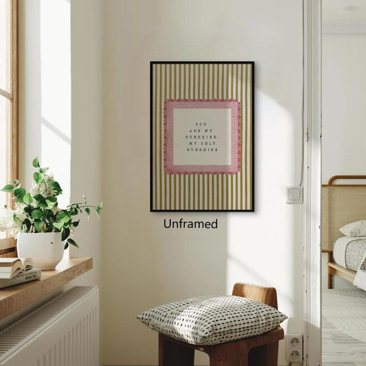 You Are My Sunshine Pink Canvas Wall Art, Baby Nursery Warming Quotes Poster, Vintage Neutral Yellow Striped Girls Room Wall Decor, Boho Watercolor Kids Bedroom Picture 12x16in Unframed