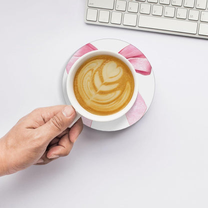 Watercolor Light Pink Coquette Bow Ceramic Coasters with Holder Set of 6 Coffee Cup Drink Coasters