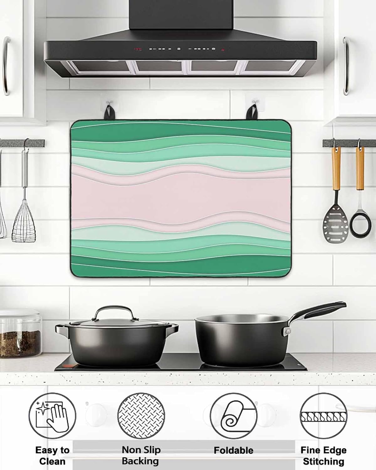 Stove Top Covers for Electric Stove, Green Stripes Induction Cooktop Cover Protector, Light Pink Ombre Simple Abstract Lines Range Mat for Glass Top Stove, Dish Drying Mat Kitchen Countertop, 28"x20"