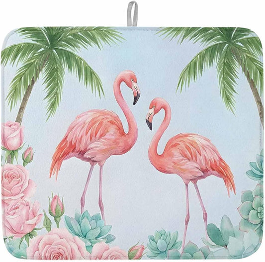 Dish Drying Mat for Kitchen Counter,Coastal Flamingo Pink Rose Absorbent Microfiber Drainer Rack Pad Light Blue Background Quick Dry Mat for Sinks Dishes Utensils 16x18in,1 Pack