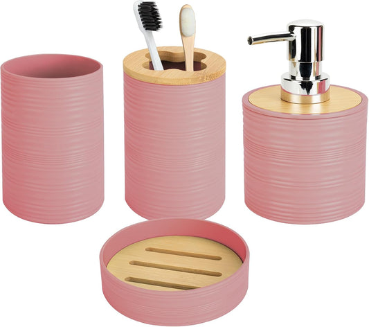 4 PCS Light Pink Bathroom Accessories Set, Includes a Soap Dispenser, Toothbrush Holder, Soap Dish and Mouthwash Cup, Plastics & Bamboo Bathroom Set, Bohemian Style Bathroom Sink Set