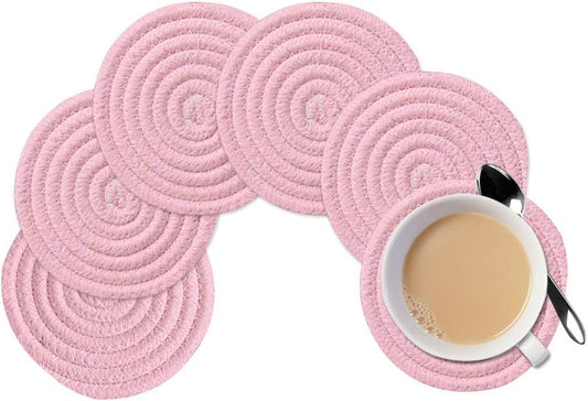 Gracelife 6pcs Cup Mat Pure Cotton Thread Weave Round Drink Hot Pads Mats Set Absorbent Scald-proof Drink Coasters (pink)