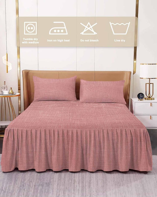 Bed Skirt for Twin Size Bed 18 Inches Drop Peach Pink Linen Ruffled Bedding Sheet Sets Soft Bedspread Farmhouse Pure Color Wrap Around Bed Skirt Sheet Set with 2 Pillowcases for Bedroom 39x75 Inch