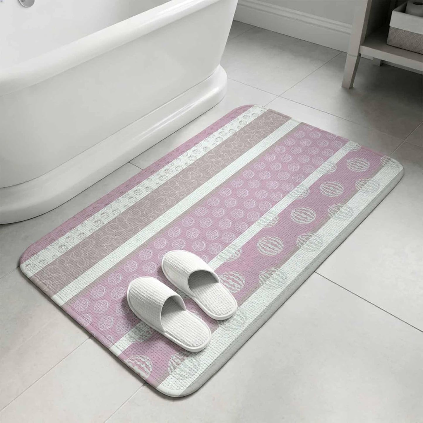 Bathroom Rugs 31.5x47.2 Inch, Farm Fruits Non Slip Rugs Washable Low Pile, Watermelon Lemons Peach Pink Grey Striped Front Door Mat Entryway Rug with Rubber Backing