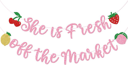 GXSOVSO She is Fresh off the Market Banner, Fruit Bridal Shower Banner, Market Farmers Bachelorette Party Decorations, Engagement Party Decorations (Pink)