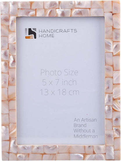 Handicrafts Home Mother of Pearl Picture Frame 5x7, Decorative Photo Frame for Tabletop or Wall, Handmade Shell Mosaic Frame, Modern Home Decor, Gift Picture Frame, Pink
