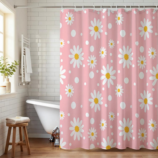 Soft Pink Daisy Polka Dot Shower Curtain - Sweet Style Waterproof Bathroom Decor, 72x72 Inches, Feminine Bathroom Partition Curtain