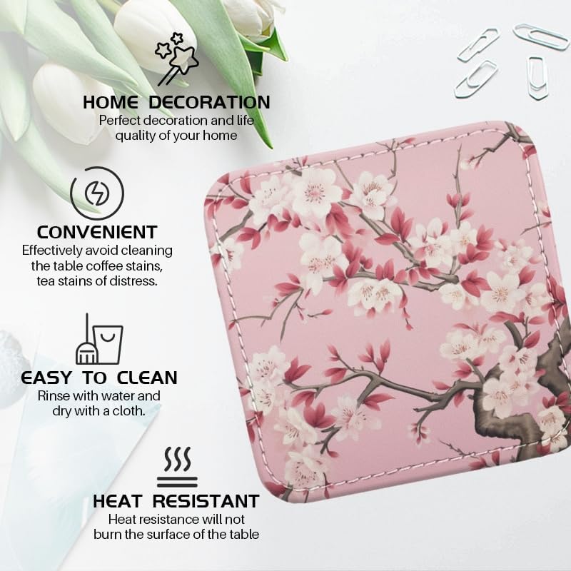 PU Leather Coasters for Drinks Bar Beer,Set of 6 with Holder,Square Housewarming Gift,Pink Flower in The Style of Chinese Art