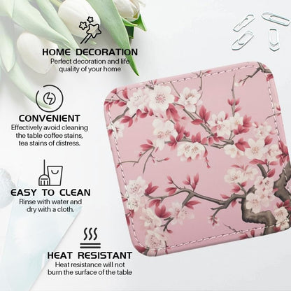 PU Leather Coasters for Drinks Bar Beer,Set of 6 with Holder,Square Housewarming Gift,Pink Flower in The Style of Chinese Art