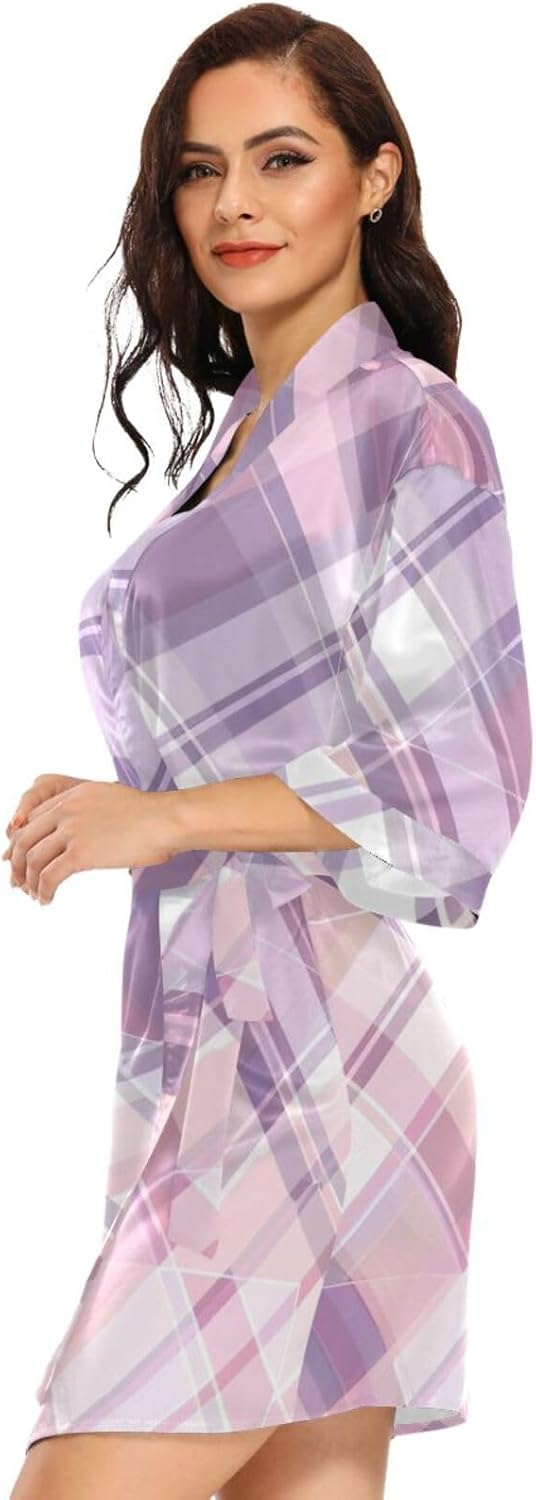 Pastel Pink and Purple Tartan Plaid Womans Bathrobes Warm Woman V Neck Nightshirts for Hospital