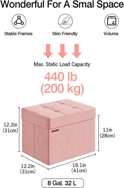 ABHENG Folding Storage Ottoman, Velvet Storage Bench, Footrest, Foot Stool,for Living Room, Bedroom and Office,12.2 x 16.1 x 12.2 Inches, 200 kg Load Capacity,Jelly Pink,UASND03P