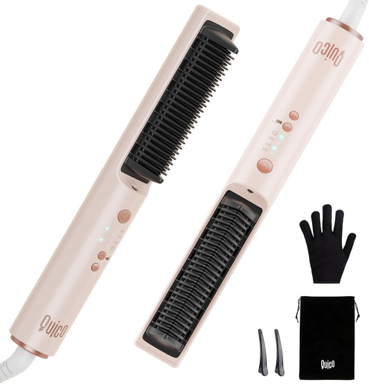 Quico Hair Straightener Brush, 100-240V Dual Voltage Ionic Straightener Brush for Women, Ceramic Travel Hair Straightener Comb, Electric Hot Comb Flat Iron, Auto Temp Lock & Auto-Off Function, Pink