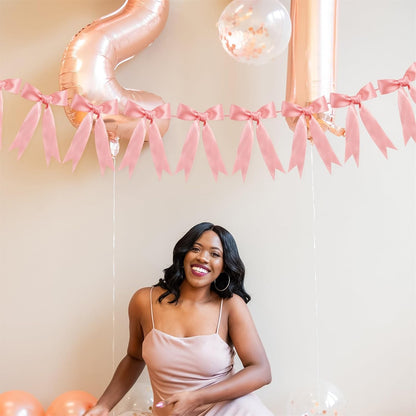 Bow Garland Ribbon Bow Banner for Coquette Birthday Decortions Girls Baby Shower Bow Party Decor (Peach Pink)