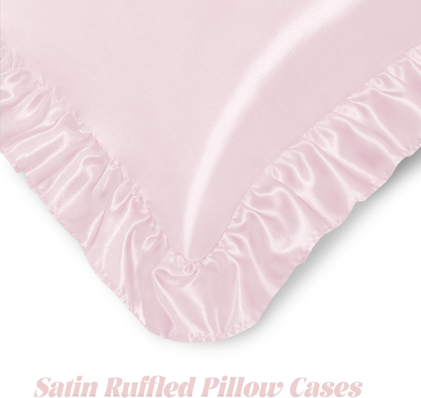 Homiest 2-Pieces Ruffle Pillow Case & Satin Fitted Sheet Set, Blush Pink Twin Satin Sheets with Ruffled Pillow Shams, 15 Inch Deep Pocket, Cute & Coquette Silk-Like Bed Set for Decorating Bedroom