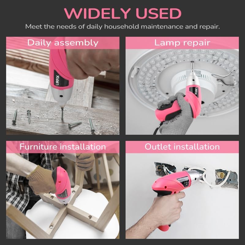 Pink 20-Piece 3.6V USB Rechargeable Cordless Screwdriver Set - Compact Toolbox with Claw Hammer, Needle-Nose Pliers & Screwdriver Bits, Low-Power Electric Tool Kit for Women, Ideal Gift