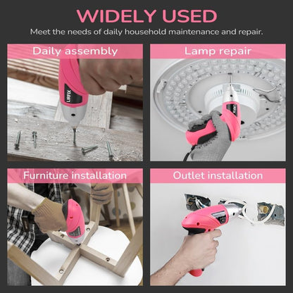 Pink 20-Piece 3.6V USB Rechargeable Cordless Screwdriver Set - Compact Toolbox with Claw Hammer, Needle-Nose Pliers & Screwdriver Bits, Low-Power Electric Tool Kit for Women, Ideal Gift