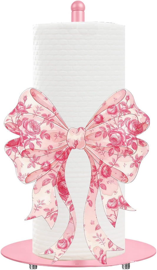 Pink Paper Towel Holder, Decorative Pink Bow Standing Paper Towel Kitchen Decor Accessories, Metal Napkin Holder for Countertops Bathroom Home