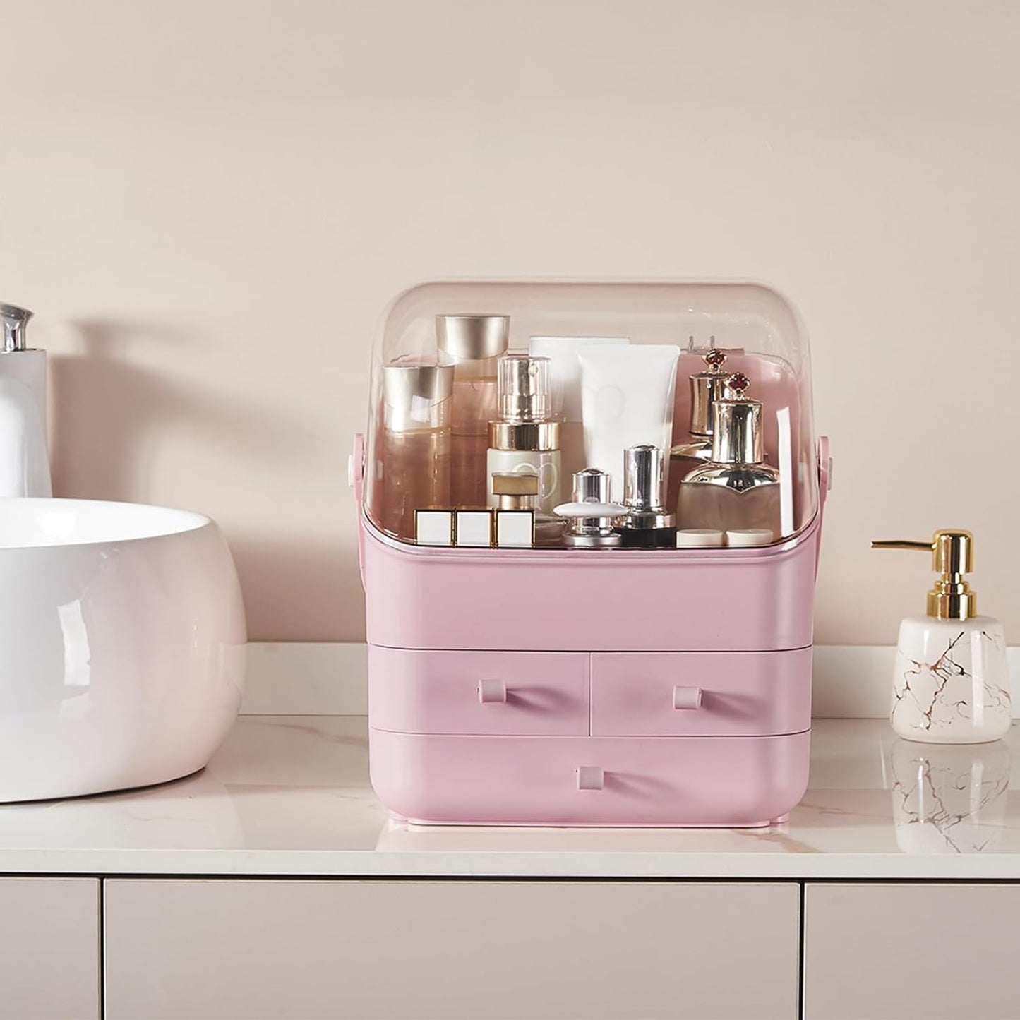 Large Makeup Organizer w Drawers Beauty Organizer Makeup Box Holder Vanity Organization Desk Countertop MakeUp Organizers Bathroom Counter Organizer Skincare Cosmetic Case Stand Dustproof Lid Gift