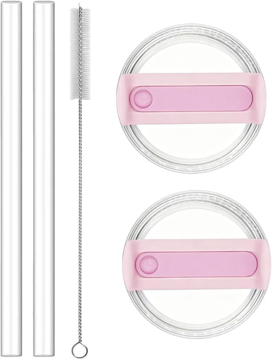 2pcs Tumbler Lid Fit for Stanley 40oz Cup,Replacement 40 oz Tumbler Lid,2Pcs Extra Long Reusable Straws and 1Pcs Cleaning Brush (Light Pink)