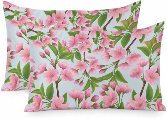 Pink Peach Flowers Satin Pillowcases Standard Size Set of 2 Cooling Spring Botanical Watercolor Floral Blue Silk Pillow Cases for Hair and Skin Zippered Throw Pillow Covers for Women Men 20"x26"