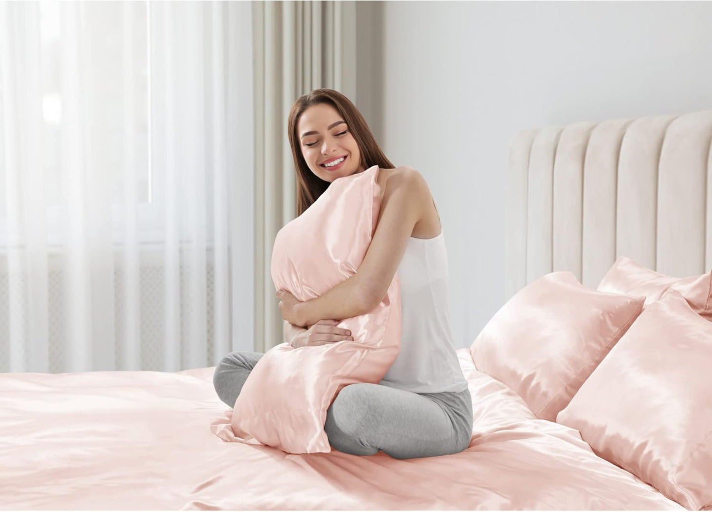 Madison Park Essentials Satin Sheet Set Luxury and Silky with Natural Sheen, Elastic 14" Pocket fits up to 16" Mattress, All Around Elastic - Year-Round Bedding, Full, Blush, 6 Piece