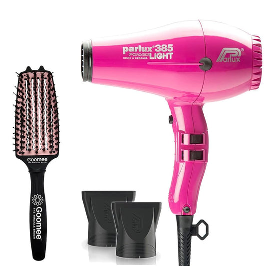 Parlux 385 Powerlight Ionic and Ceramic Pink Hair Dryer with Miracle Detangling Brush Medium Size Nylon & Boar Bristles for All Hair Types – Blush Pink
