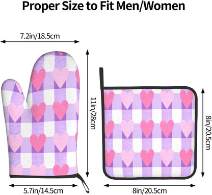 Pink and White Checkered Heart Pattern Oven Mitts and Pot Holders Sets,Heat Resistant Potholder Kitchen Decor for Cooking Baking BBQ, Oven Glove Set