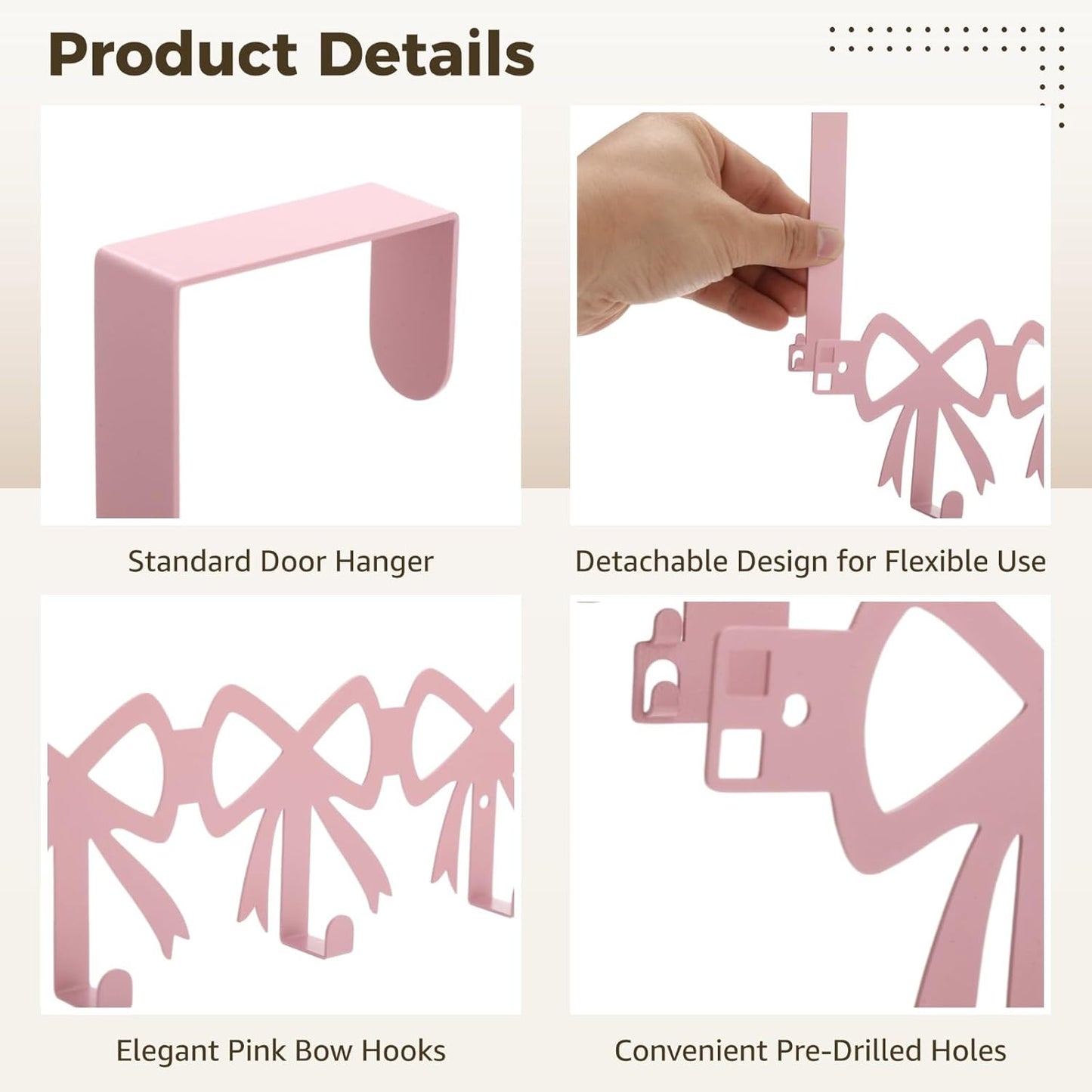 ZALIR Pink Bow Over the Door Hooks Hanger, Wall Mount Towel Rack with 5 Hooks, Metal Door Organizer for Towels Hats Clothes, Decorative Farmhouse Coquette Style Hook for Bedroom Bathroom