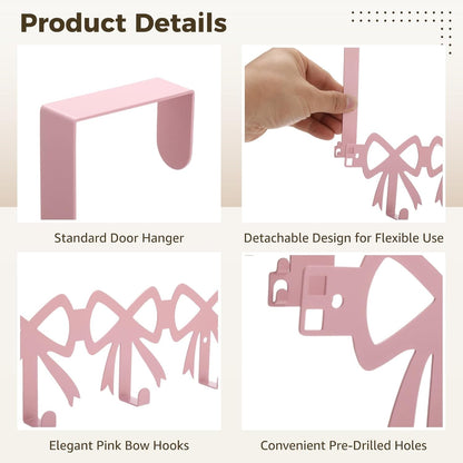 ZALIR Pink Bow Over the Door Hooks Hanger, Wall Mount Towel Rack with 5 Hooks, Metal Door Organizer for Towels Hats Clothes, Decorative Farmhouse Coquette Style Hook for Bedroom Bathroom
