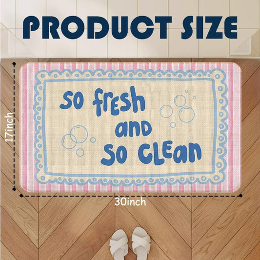 Chicimln Preppy Bathroom Decor Mat, Pink and Blue Striped Non-Slip Linen Doormat Outdoor Indoor Entrance, So Fresh and So Clean Welcome Mats Rugs for Girls Bathroom Washroom, 17x30 Inch