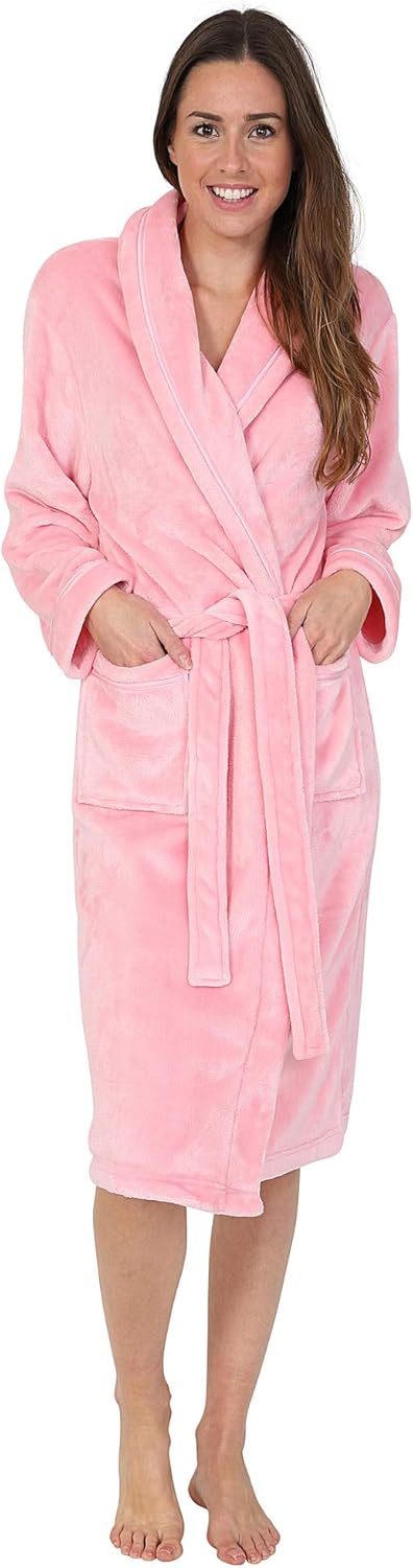 Florentina Women's Soft Fleece Robe, Shawl Collar, Pink with Ribbon Detail (S)