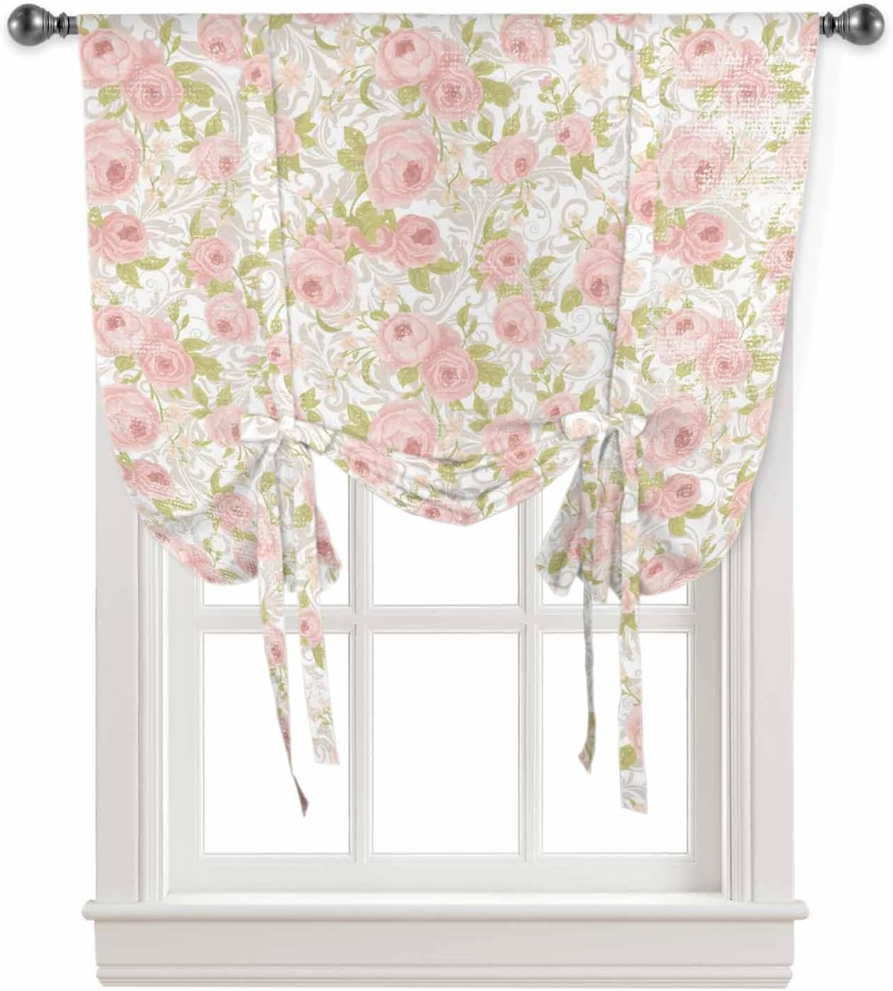 Pink Flower Tie Up Curtains for Window, Thermal Insulted Balloon Shade Adjustable Rod Pocket Curtains Valance Panels for Kitchen Bathroom Café 42 x 45 Sage Green Pastoral Country European Leaves