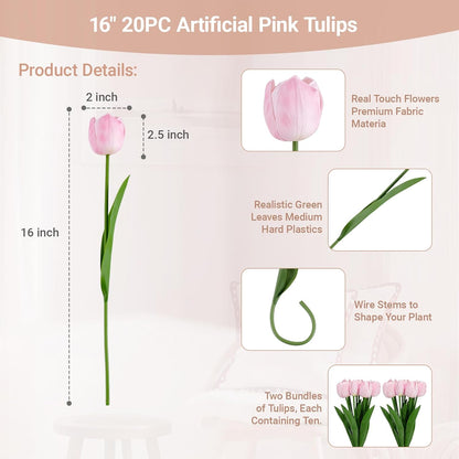 16 inch Fake Tulips Artificial Flowers, 20PCS Real Touch Fakes Tulip Plants for Bridesmaid Bouquet and Wedding Ceremony Festivals Anniversary Bridal Rehearsal Party Bar Table Decor-Pink