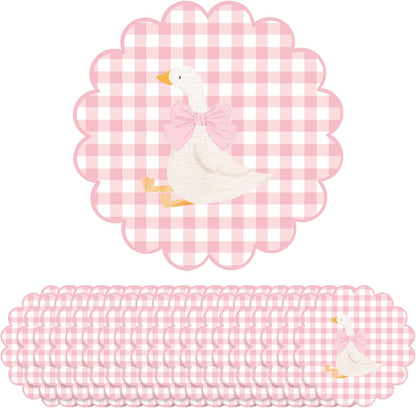 60 Pcs Gingham Placemat, 13.5 Inch Scalloped Paper PlaceMats Silly Goose Party Disposable Table Place Mats Decorative Paper for Baby Shower Gender Reveal Birthday Party(Pink)