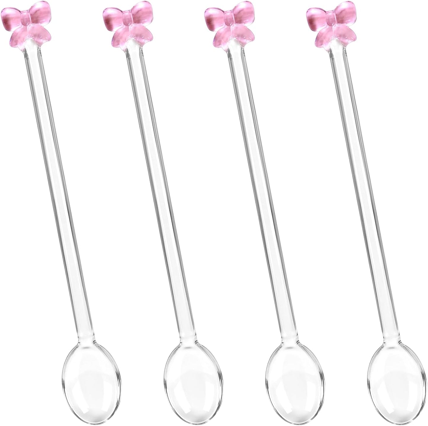 4 Pack Reusable Pink Bow Glass Spoons, Coffee Teaspoons Milk Glass Dessert Stirring Spoon Cute Bow Long Handle Spoons for Bridal Engagement Wedding Dishwasher & Microwave Safe