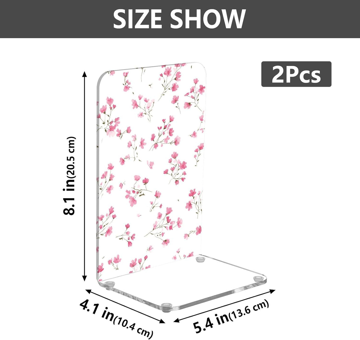 Light Pink Small Floral 2 Bookends Book Ends for Shelves Heavy Books Stopper Decorative Acrylic Non-Slip 1 Pair