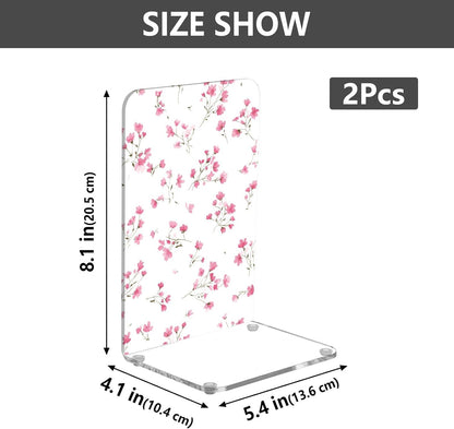 Light Pink Small Floral 2 Bookends Book Ends for Shelves Heavy Books Stopper Decorative Acrylic Non-Slip 1 Pair