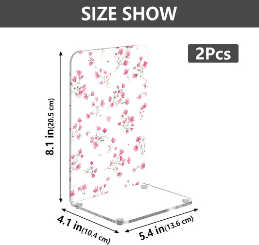 Light Pink Small Floral 2 Bookends Book Ends for Shelves Heavy Books Stopper Decorative Acrylic Non-Slip 1 Pair