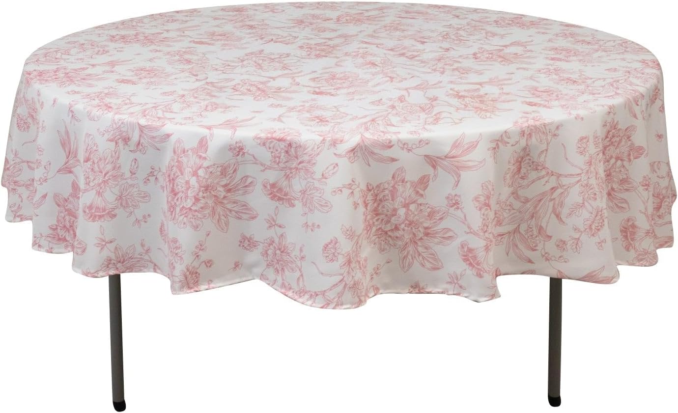 Efavormart Polyester Round Tablecloth 90" White with Pink French Toile Pattern - Sophisticated Table Cover for Chic Weddings & Events