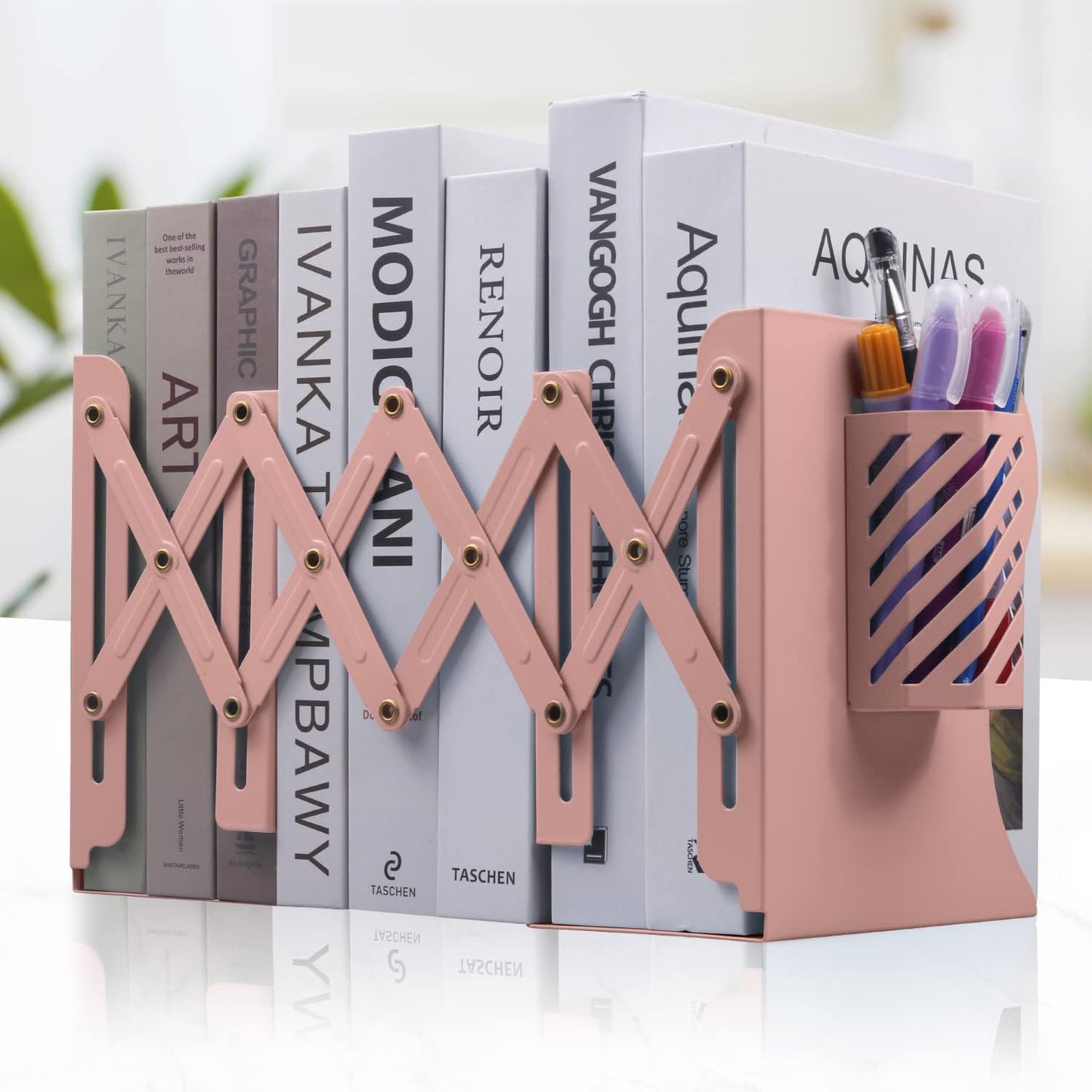 Adjustable Bookends, Metal Bookends for Heavy Books, Shelves, 2 Dividers, Expandable Book Organizer with Pen Holder for Desk, Office (19 inches Max) for 6 7 8 9-15 Boys, Girls, Pink