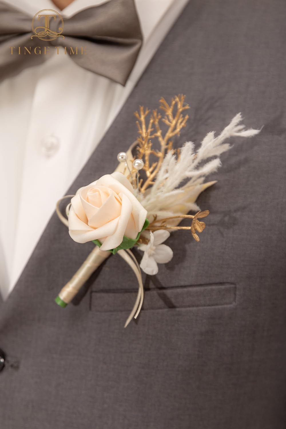 TINGE TIME Boutonniere for Men, Groom and Best Man Boutonniere for Wedding Ceremony Anniversary, Formal Dinner Party and Rustic Wedding Marriage (Champagne&Pink)
