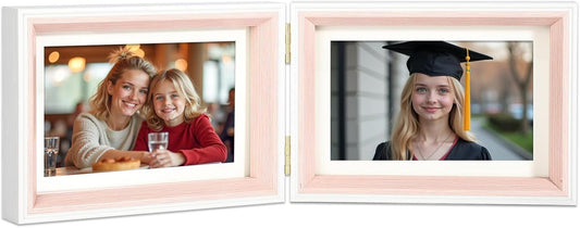 Double Hinged 5x7 Picture Frame with Real Glass in WhitePink- Display 4x6 with Mat or 5x7 without Mat, Foldable Photo Frame for Tabletop, Nice Gift for Family & Wedding Memories(PS006-PKH7)