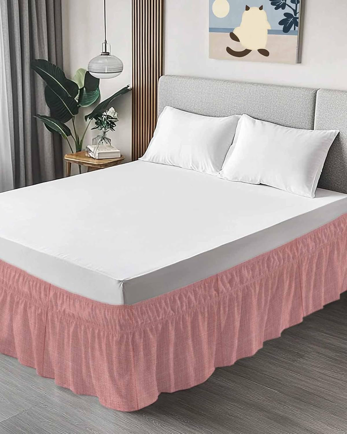 Bed Skirt Peach Pink Linen Bedskirt 16 Inch Drop Farmhouse Pure Color Adjustable Elastic Wrap Around Bed Skirts Dust Ruffle for Queen Size Bed Frame Cover