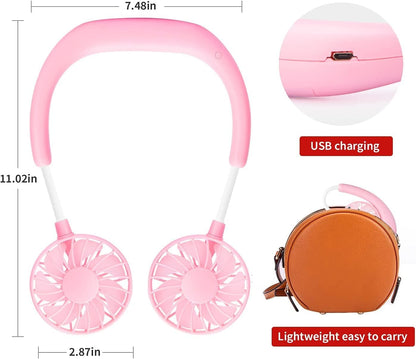 JUANANIUG Portable Neck Fan Rechargeable Personal HandFree Fan Mini USB Wearable Neckband Sport Fan 3 Speed Adjustable 360 Degrees Rotation Perfect for Working Traveling Office Reading (Pink)