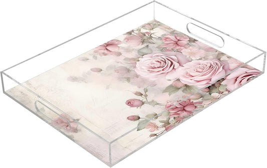Plastic Food Serving Tray Decorative Vanity Trays for Bathroom Pink Rose Retro Coffee Table Kitchen Counter 11.8 * 15.7in