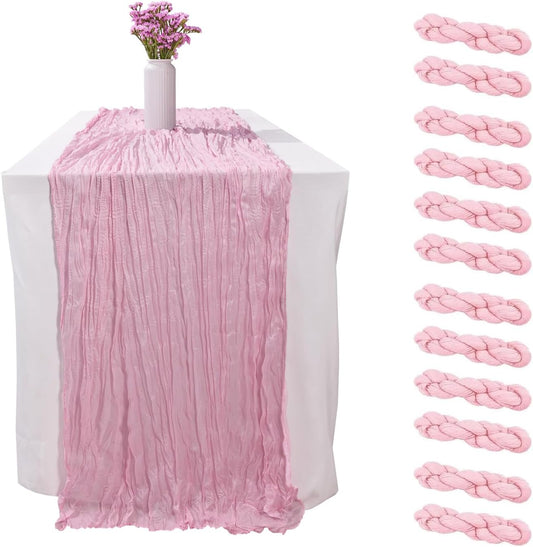 12 Pack Light Pink Gauze Cheesecloth Table Runners 10ft (35x120 Inch) - Boho Wedding Decor for Bridal Showers, Baby Showers & Birthday Parties