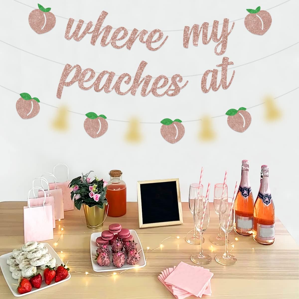 Peach Bachelorette Party Decorations, Rose Gold Where My Peaches at Banner, Funny Peach Garland for Summer Fruit Peach Bridal Shower Engagement Wedding Party Supplies