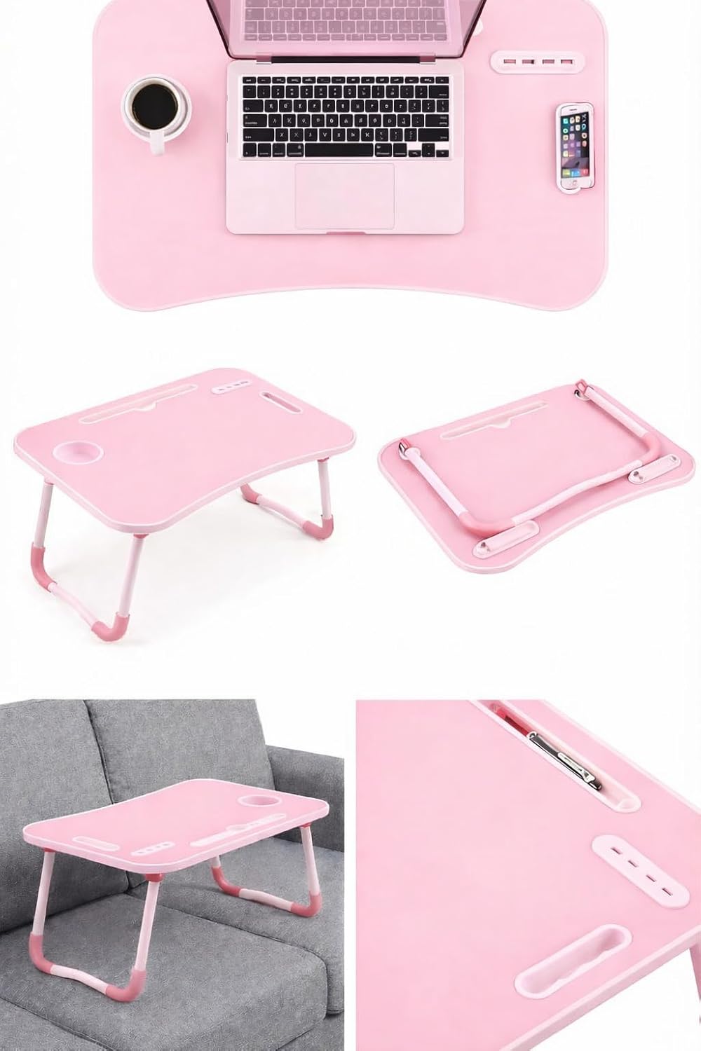 Portable Laptop Bed Table with Foldable Legs, Bamboo Wood Lap Desk with Cup Holder and Phone Slot, Non-Slip Feet for Work Study Breakfast Reading (Pink)