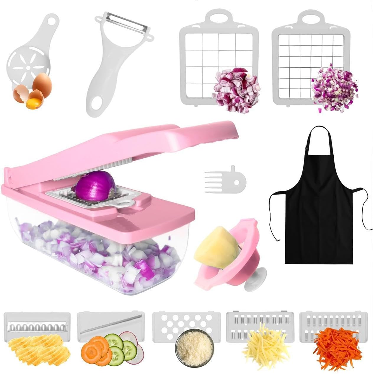 Kalmat Dynamics Food Chopper and Vegetable Slicer, 16-in-1 Multi-Function Kitchen Chopper with 7 Blades and Container, Free Black Cooking Apron (Pink+White)