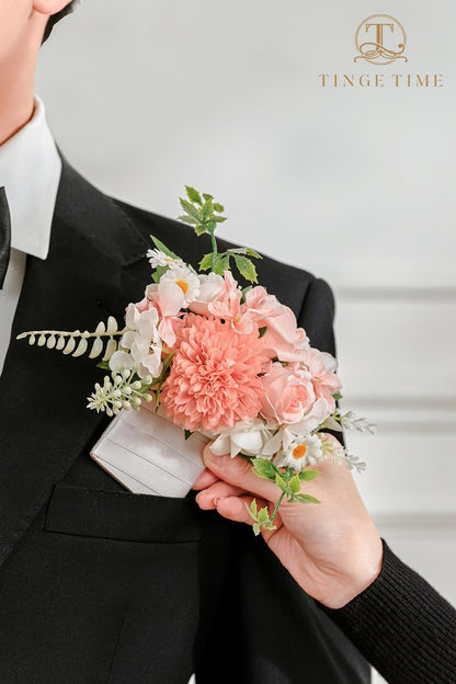 TingeTime Single Pocket Boutonniere for Man Groom, Best Man Boutonniere for Wedding Ceremony Anniversary, Formal Dinner Party and Rustic Spring Wedding Marriage(PeachPink&White)